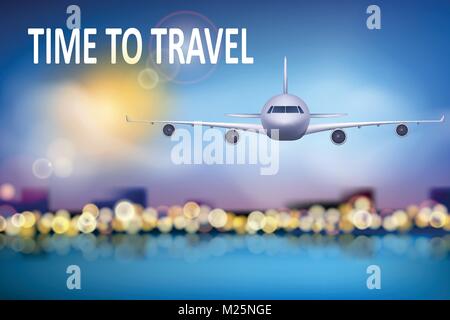Summer travel illustration with airplane on blue sunny background with soft bokeh and clouds. Brochure in tourism theme. Travel agency advertisement airplane poster design. Vector illustration Stock Vector
