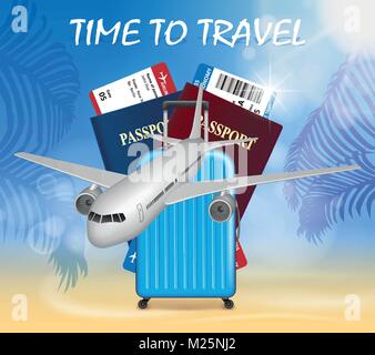 World travel and tourism concept. Banner in tourism theme with airplane on palm beach summer background. Travel agency advertisement airplane poster design. Vector Illustration Stock Vector