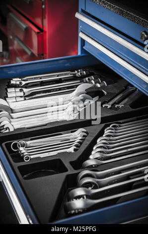 Toolbox in the workshop, close-up Stock Photo