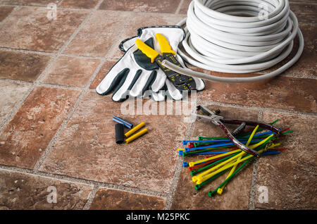Tools for electricians crimpers and accessories, close-up Stock Photo