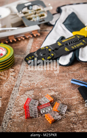 Tools for electricians crimpers and accessories, close-up Stock Photo