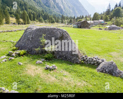Aerial view of the Mello Valley, Val di Mello, a green valley surrounded by granite mountains and forest trees, Val Masino, Sondrio. Italy Stock Photo