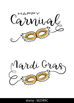 Set of Carnival Title. Handwritten lettering design with elegant golden mask. Vector illustration. Stock Vector