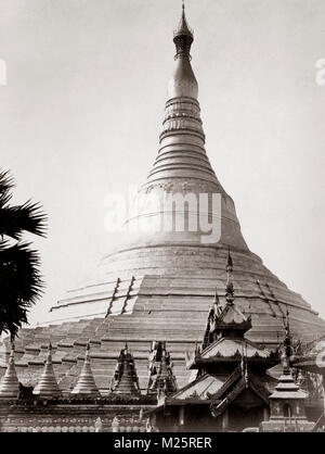 c.1880s India - The Shwedagon Pagoda, officially named Shwedagon Zedi Daw and also known as the Great Dagon Pagoda and the Golden Pagoda, is a gilded stupa located in Yangon, Myanmar. Rangoon Burma. Stock Photo