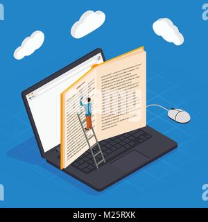 Online education isometric icons composition with laptop book smartphone electronic library and cloud computing conceptual images Stock Vector