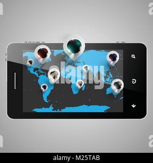 World map with 3D pins on a telephone Stock Vector