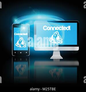 Mobile phone and computer connected Stock Vector