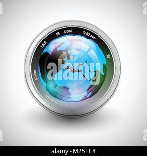 Vector illustration of a camera with earth on it Stock Vector