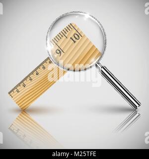 Vector illustration of wood ruler and a magnifier Stock Vector