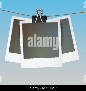 Retro photo frames hanging on rope isolated on white background vector ...