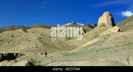 Traveller on the trekking on Markha valley trek route in Ladakh, Karakorum panorama. This region is a purpose of motorcycle expeditions organised by I Stock Photo