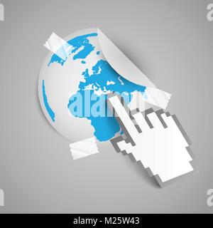Paper cursor shows the map of the world Stock Vector