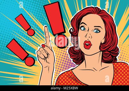 Exclamation point and surprised pop art woman Stock Vector