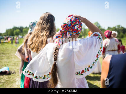 Cosmos Village, Almaty Province, Kazakhstan - 16 August 2015: The festival of ethnic music Forey, a lot of people gathers on this holiday to relax and have  fun. Ethnic open-air concert, where many people gathered. Stock Photo