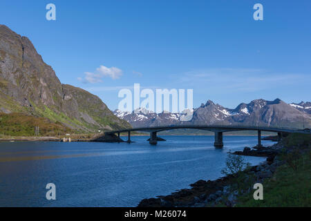 Bridge joint islands, type of Cantilever bridge,  in the Lofoten archipelago, county of Nordland, Norway. Stock Photo