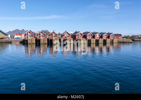 Modern red wooden Rorbu in Svolvær, island of Austvågøya, Lofoten archipelago. Norway. Stock Photo