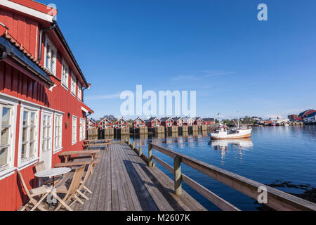 Modern red wooden Rorbu in Svolvær, island of Austvågøya, Lofoten archipelago. Norway. Stock Photo