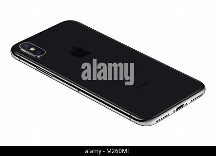 Perspective view black Apple iPhone X back side isolated on white background. iPhone 10 is the newest smartphone of Apple inc with frameless design. Stock Photo