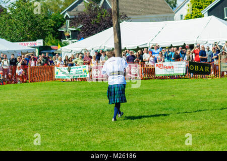 Male prepares to compete in tossing the caber competition at the Dundonald Highland Games, Ayrshire, which celebrates traditional Scottish culture Stock Photo