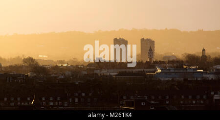 Residential buildings in south London, England. The morning light is hazy. Stock Photo