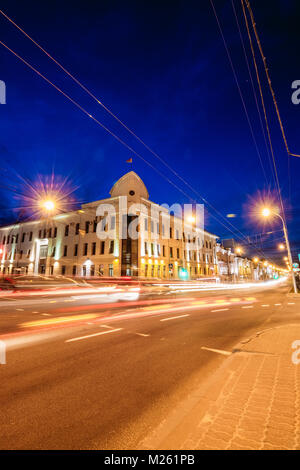 Night traffic on Soviet street in Gomel Stock Photo