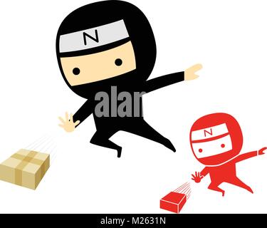 Ninja boy jump and send a product box, vector art design Stock Vector