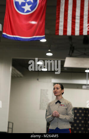 U.S. Marine Corps Sgt. Maj. Rena M. Bruno, incoming sergeant major for Recruiting Station Nashville, 6th Marine Corps District, delivers a speech during a change of command ceremony at the Tennessee Highway Patrol Training Academy, Nashville, Tennessee, on Jan. 19, 2018. Bruno was born in Chicago, Illinois, and was raised on the Spirit Lake Indian Reservation in Fort Totten, North Dakota. (U.S. Marine Corps Stock Photo