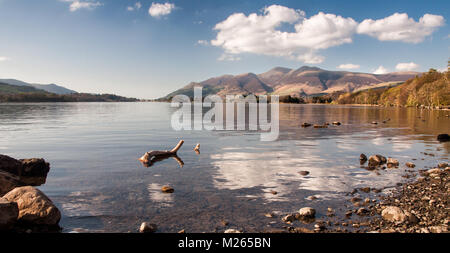 Logs, rocks and the mountains of Skiddaw and Latrigg are reflected in the waters of Derwent Water on a sunny spring day in England's Lake District Nat Stock Photo