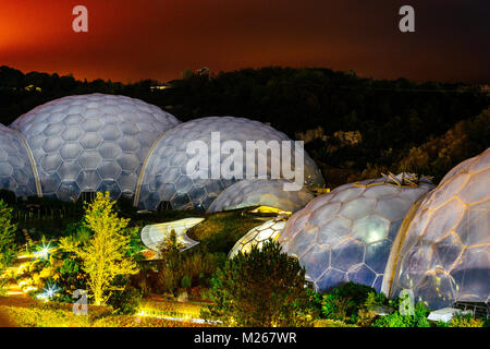 Exterior shows of the Eden Project Biomes at night. Bodelva, Cornwall, United Kingdom. Stock Photo