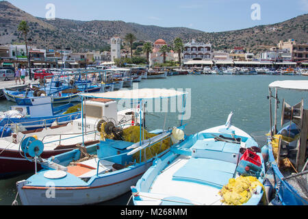 Fishing boats in harbour, Elounda, Lasithi Region, Crete (Kriti), Greece Stock Photo