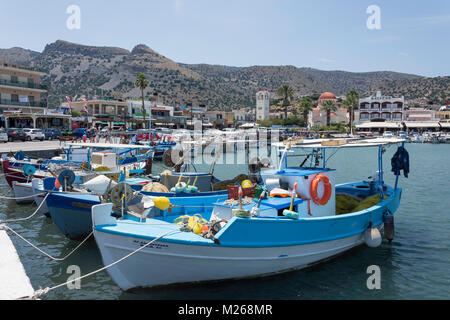 Fishing boats in harbour, Elounda, Lasithi Region, Crete (Kriti), Greece Stock Photo