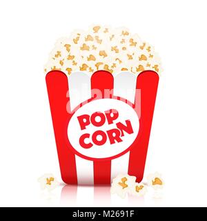 Popcorn vector, realistic illustration. Flakes of popcorn in a paper cup in red and white stripes, isolated on white background Stock Vector