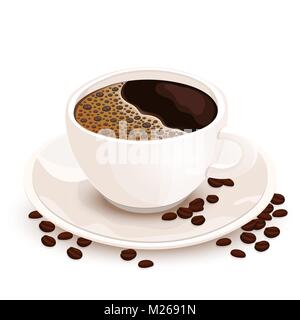 Cup of coffee vector realistic illustration. White cup of black coffee on a saucer on which coffee beans are scattered, isolated on white background Stock Vector