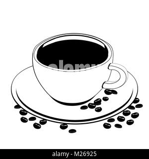 Cup of coffee, vector outline drawing, contour picture, coloring, sketch, silhouette. A cup of black coffee on a saucer on which coffee beans are scattered, isolated on white background Stock Vector