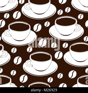 Cup of coffee outline seamless pattern, vector background, coloring, sketch, contour drawing. Drawn cups of black coffee and coffee beans on a brown backdrop. For wallpaper design, fabrics, decorating Stock Vector