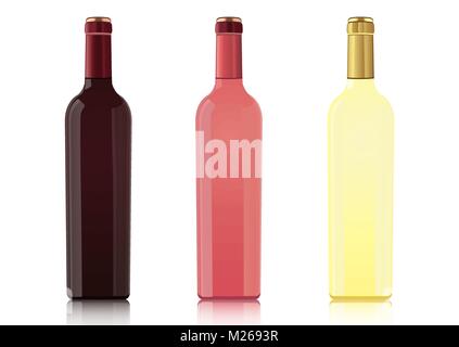 Set of bottles of different types of wines without labels, vector realistic drawing. Bottle of red wine, bottle of rose wine, bottle of white wine, isolated on white background Stock Vector