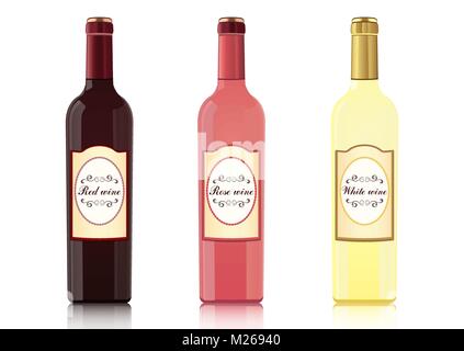 Set of bottles of different types of wines with labels, vector realistic drawing. Bottle of red wine, bottle of rose wine, bottle of white wine, isolated on white background Stock Vector