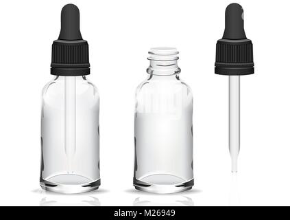 Glass bottle with a pipette, vector realistic drawing. Transparent empty vial with a pipette inside and closed lid, and empty vial without cover and a separate pipette. Isolated on white background Stock Vector