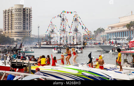 The Jose Gaspar pirate ship approaches downtown Tampa during the 2018 Gasparilla Pirate invasion festival in Tampa, Florida. (Photo by Matt May/Alamy) Stock Photo