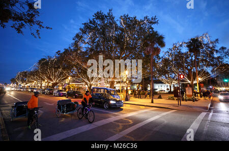 Christmas lights illuminate the Plaza de la Constitution during the annual Nights of Lights celebration in St. Augustine, Florida. Stock Photo