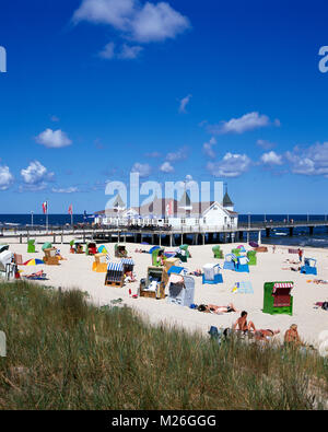 Ahlbeck pier and  beach, Usedom island, Mecklenburg Western Pomerania, Germany Stock Photo