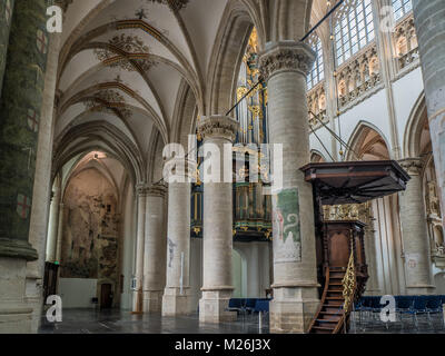 BREDA, NETHERLANDS - AUGUST 18, 2017: The Flentrop organ in the Grote Kerk was build in 1967-1969. It can be used for music from any style period. Stock Photo