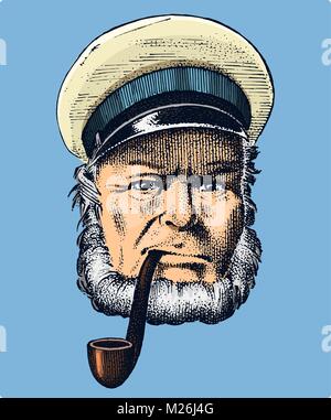 sea captain, marine old sailor with pipe or bluejacket, seaman with beard or men seafarer. travel by ship or boat. engraved hand drawn in old boho sketch. Stock Vector