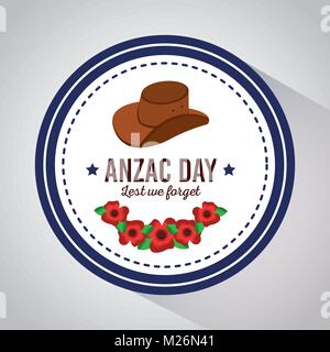 anzac day lest we forget badge with hat and flowers design Stock Vector