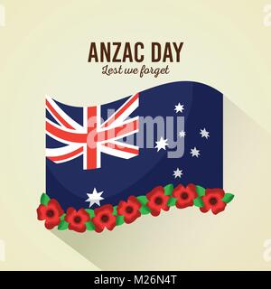 anzac day lest we forget poster flag flowers celebration Stock Vector