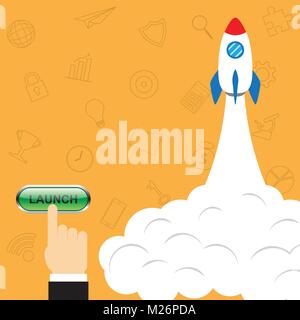 Vector Illustration Business Concept As Finger Pushes A Button To Launch Rocket And Business Icons As Background Involved In Work, Startup, Initiation Stock Vector