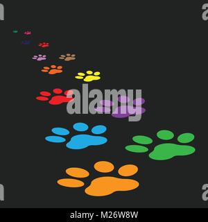 Colorful paw print icon vector illustration isolated on black background. Dog, cat, bear paw symbol flat pictogram. Stock Vector