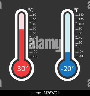 Celsius and Fahrenheit thermometers icon with different levels. Flat vector illustration isolated on black background. Stock Vector