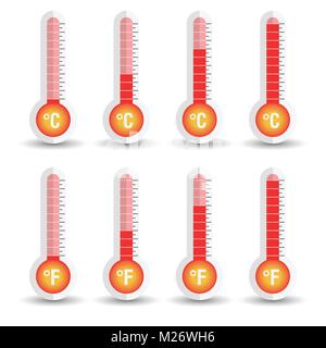 Celsius and Fahrenheit thermometers icon with different levels. Flat vector illustration isolated on white background. Stock Vector