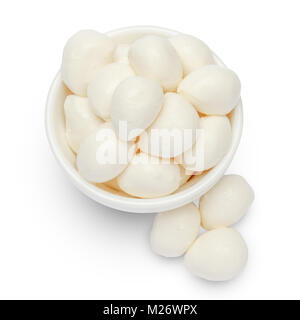 Mozzarella cheese in bowl on white background Stock Photo